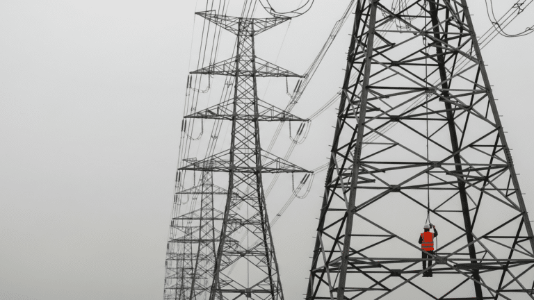 Transmission towers carrying power lines under grey sky, power bill angle