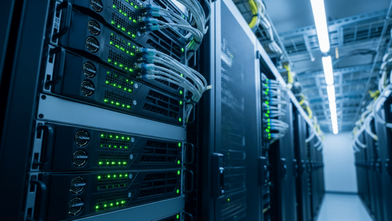 Data center GPU server racks running AI speculative decoding inference, many leading