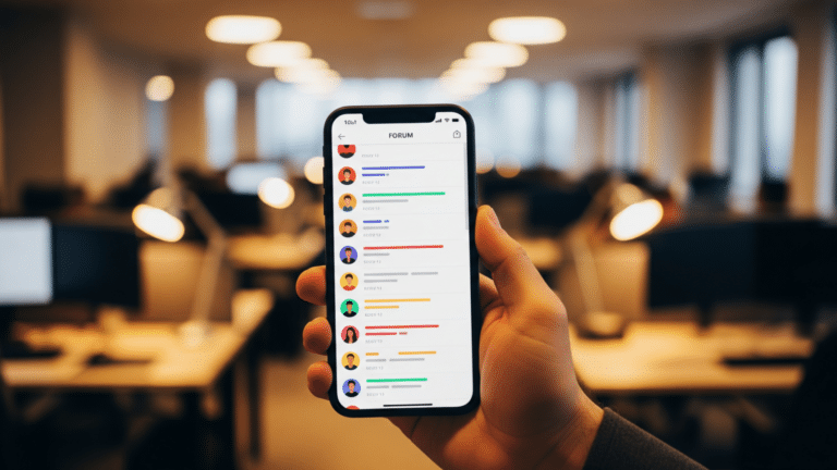 Hand holding smartphone showing Meta Forum app community discussion feed, meta launches