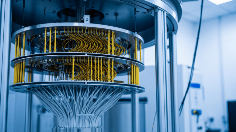 Gold wiring inside a quantum computing cryogenic dilution refrigerator in a laboratory, more than