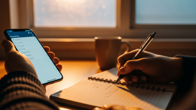 Person tracking spending on smartphone and notebook at kitchen table, more than