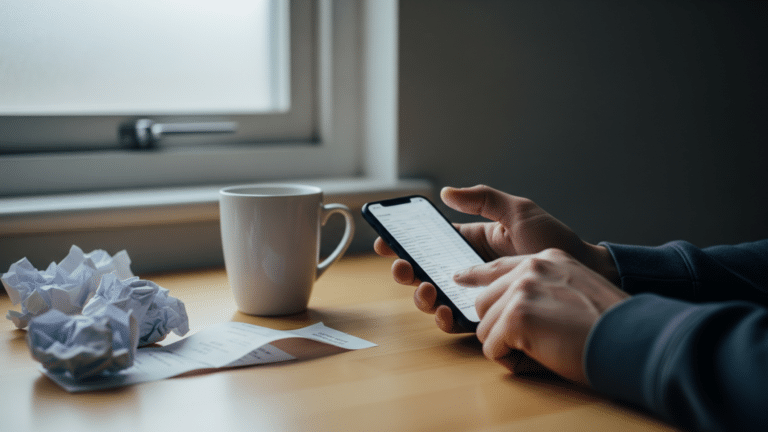 Hands scrolling a budget app on a smartphone while tracking spending, more than