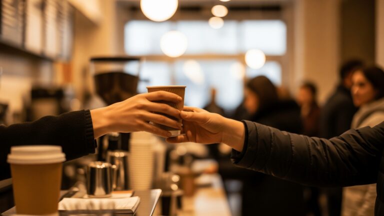hands exchanging a coffee cup across a counter, illustrating the value of small talk with strangers, most americans