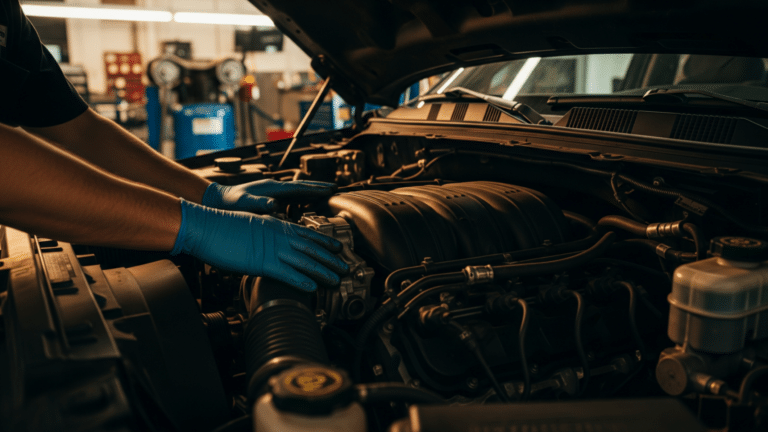 Mechanic inspecting a V8 engine block during an engine recall fix at a dealership service bay, nearly 600