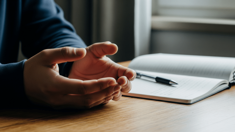 hands resting on a desk during a mind wandering moment, nearly half