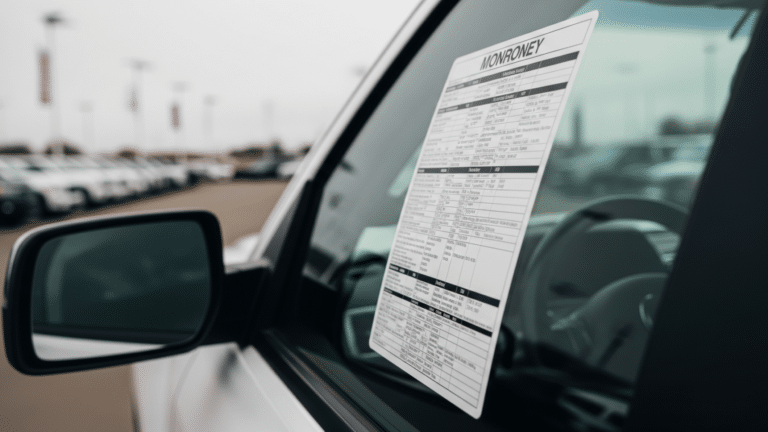 Window sticker on a full-size pickup truck at a dealership showing new car prices