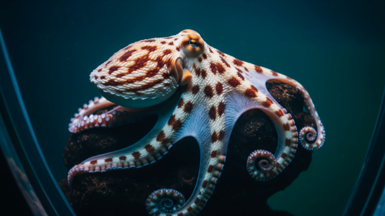 An octopus changing skin color during REM-like sleep in an aquarium tank, tank goes