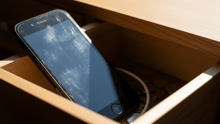 A worn old phone resting in a wooden drawer in soft indoor light
