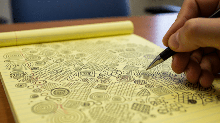 Hand-drawn doodles filling the margins of meeting notes on a yellow notepad, keeps moving
