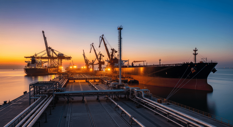 Oil tankers at a port terminal reflecting record U.S. petroleum exports