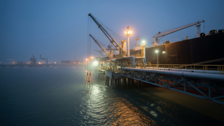 Crude oil export terminal loading supertanker at a Gulf Coast petroleum port, petroleum exports
