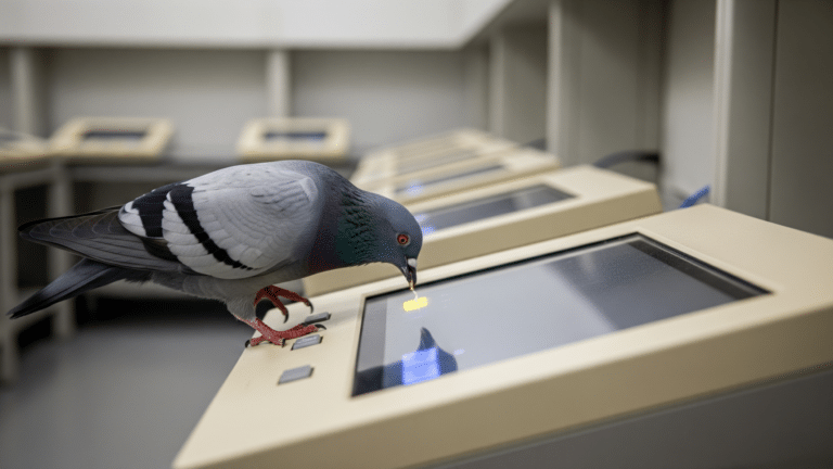 Pigeon pecking a touchscreen button during a reinforcement learning experiment