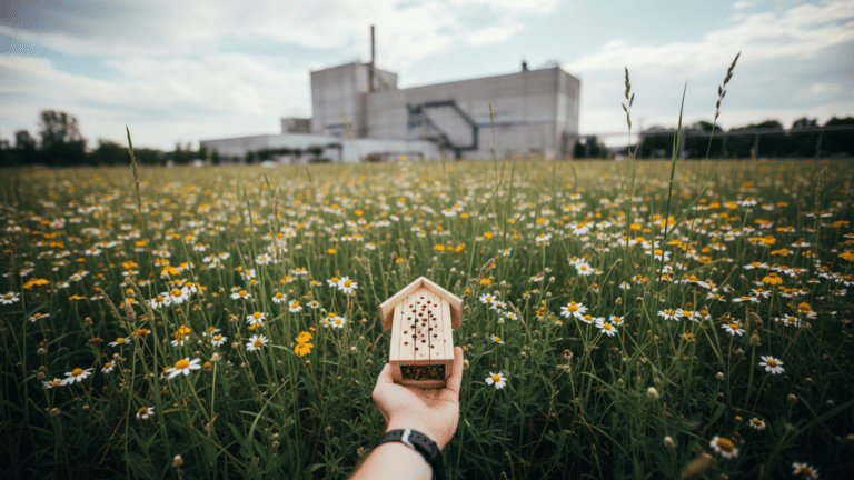 Wildflower pollinator habitat meadow bordering an automotive assembly plant