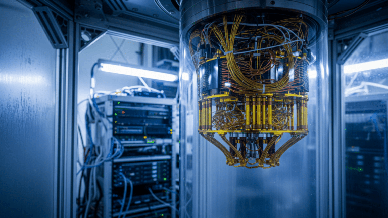 Cryogenic trapped-ion quantum processor inside a laboratory vacuum chamber showing topological gate set hardware