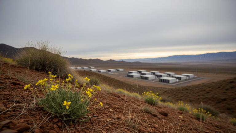 Rare desert wildflower in foreground with grid-scale battery storage units in background