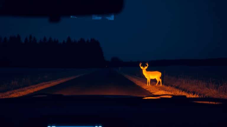 Thermal camera view of a deer on a dark road, illustrating deer vehicle collision risk, researchers trained
