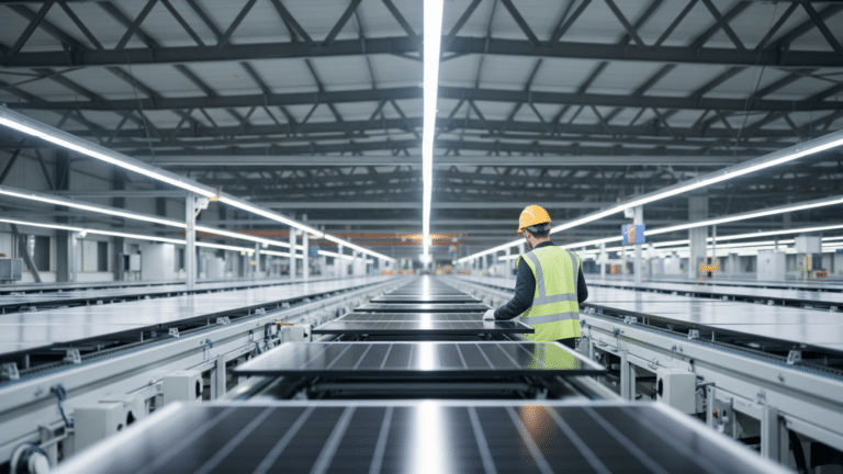 Workers on a solar manufacturing assembly line inside a large factory, seg solar