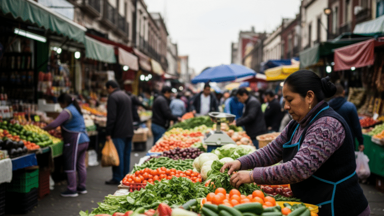 Busy Mexico City street market reflecting everyday Mexican consumer life and Sheinbaum favorability context, sheinbaum s