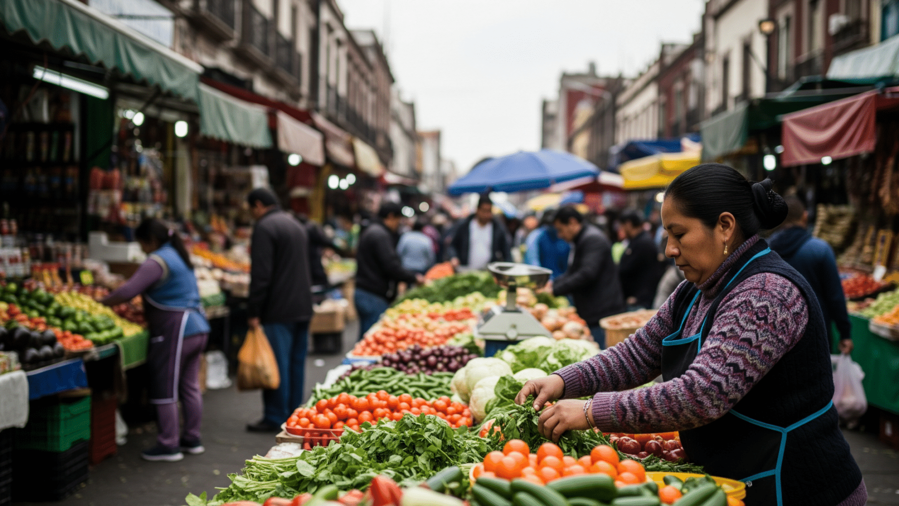 Busy Mexico City street market reflecting everyday Mexican consumer life and Sheinbaum favorability context, sheinbaum s