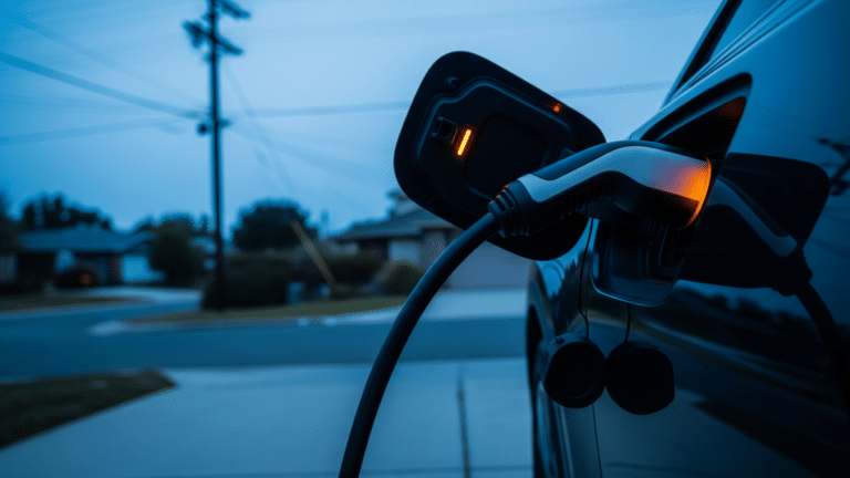 EV charging cable plugged in at dusk illustrating managed charging and grid load, single evening