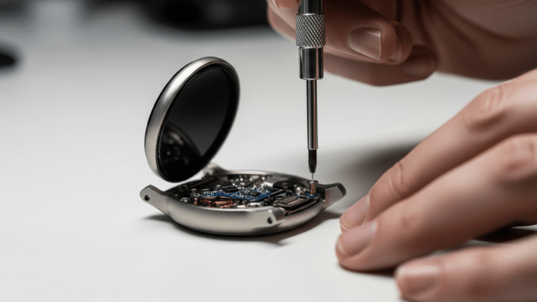 hands repairing the most repairable smartwatch with a small screwdriver on a workbench, smartwatch screen