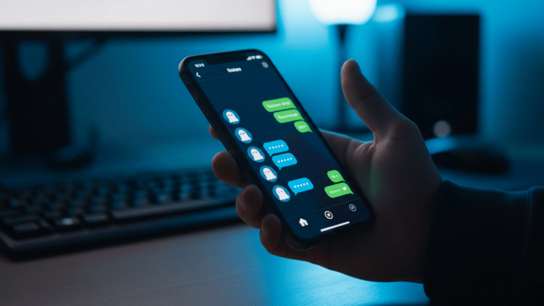 A hand scrolling a Snapchat My AI chat on a smartphone screen, snapchat built