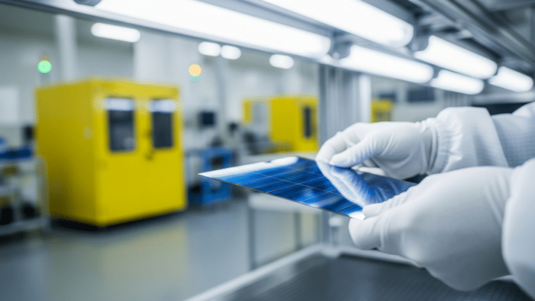 Worker handling a silicon solar cell wafer inside a U.S. manufacturing plant, solar cell capacity