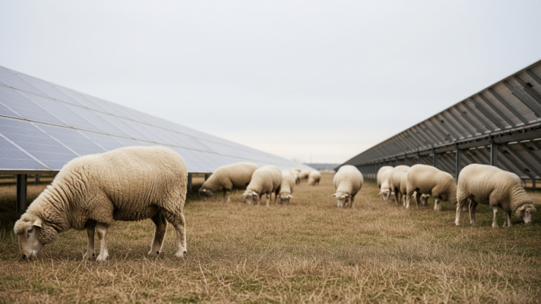 Sheep grazing between solar panels at a large Texas solar farm