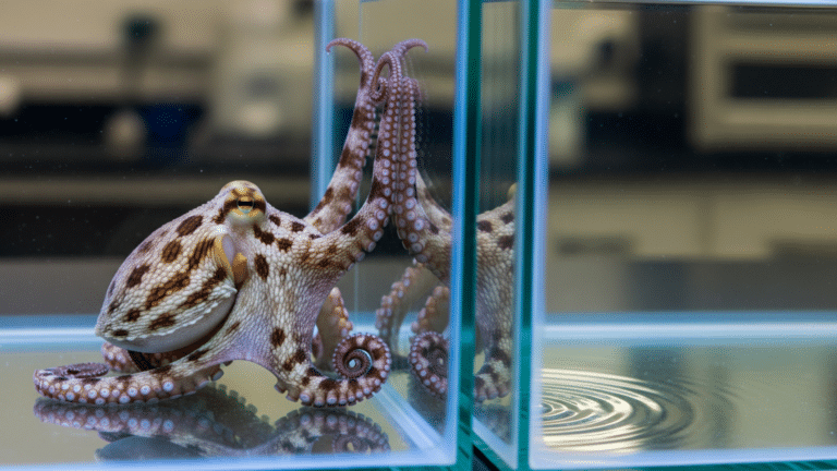 Octopus reaching toward mirror in research tank demonstrating spatial navigation