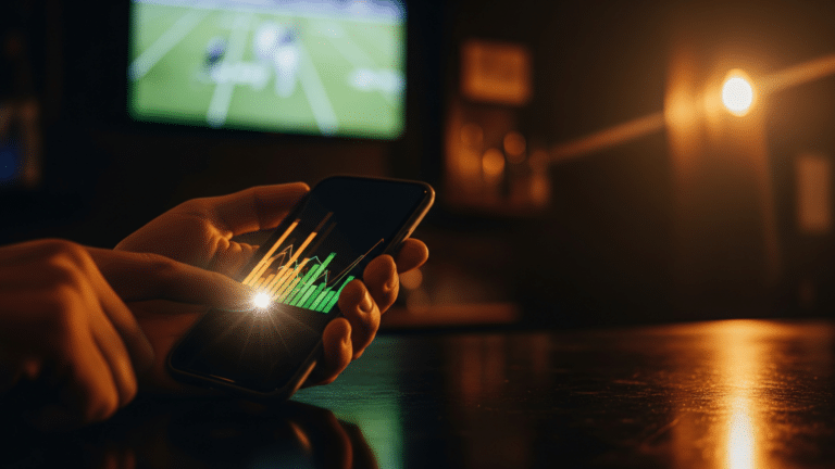 Hands holding a smartphone at a bar with a sports broadcast behind, showing sports betting activity