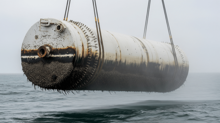 Steel underwater data center pod lifted from ocean, covered in barnacles and algae, steel tube