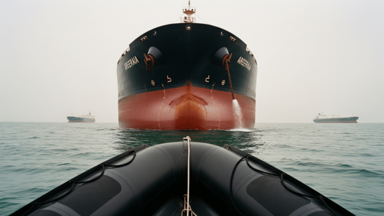 Supertanker transiting a narrow strait under overcast skies near the Strait of Hormuz