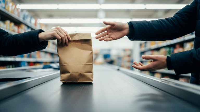 Two hands exchanging a bag at a checkout counter, illustrating greeting strangers, minimal social