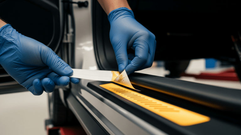 Technician applying a corrected certification label inside an SUV door jamb during a Subaru recall