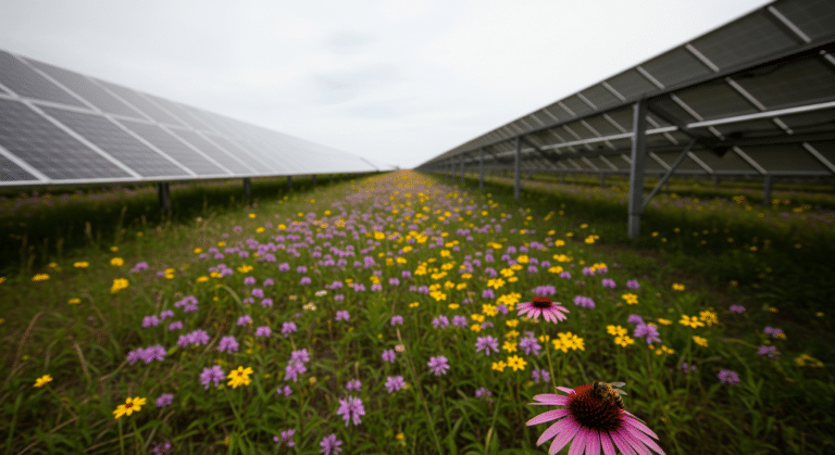 Native bees foraging on wildflowers beneath solar panels on a Minnesota solar farm, two solar