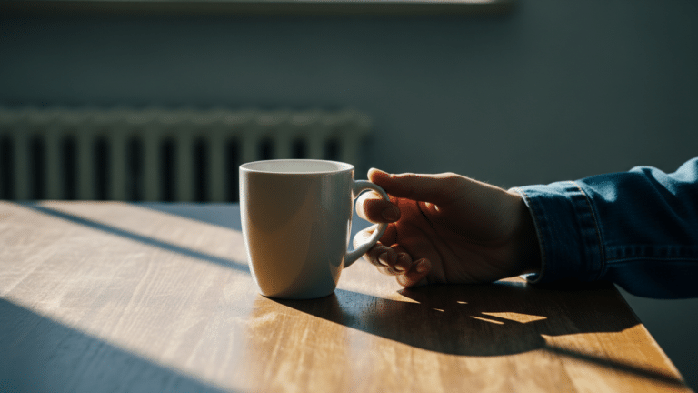 A hand reaching for a coffee mug, illustrating unconscious daily behaviors, two thirds