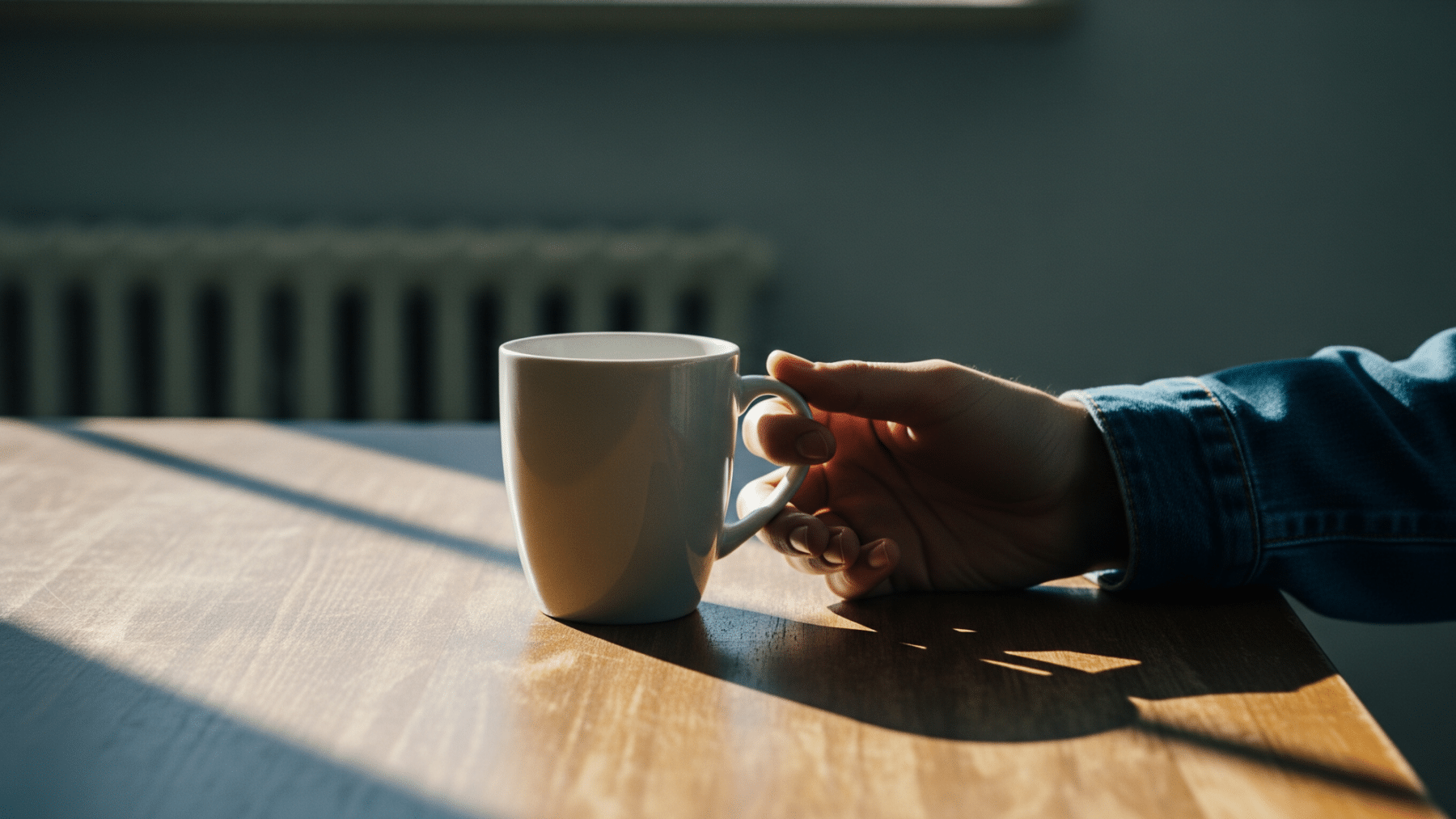 A hand reaching for a coffee mug, illustrating unconscious daily behaviors, two thirds