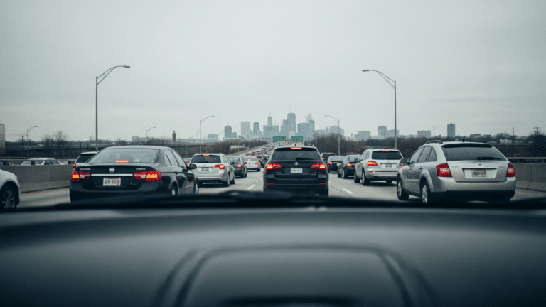 Gridlocked expressway at rush hour showing heavy traffic congestion cost, typical american