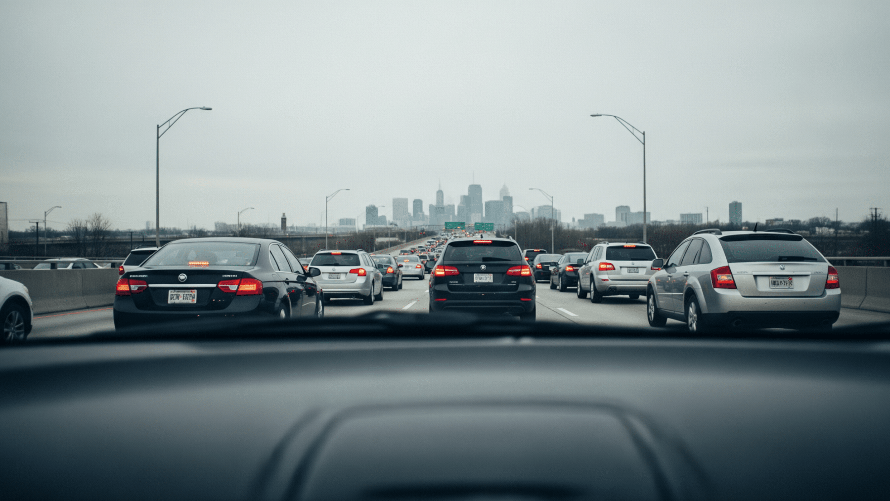 Gridlocked expressway at rush hour showing heavy traffic congestion cost, typical american