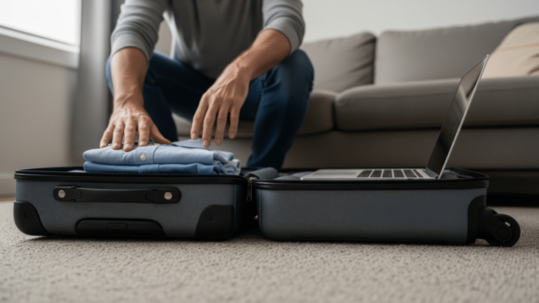 Half-packed suitcase on a living room floor illustrating summer travel decision, vacation plans