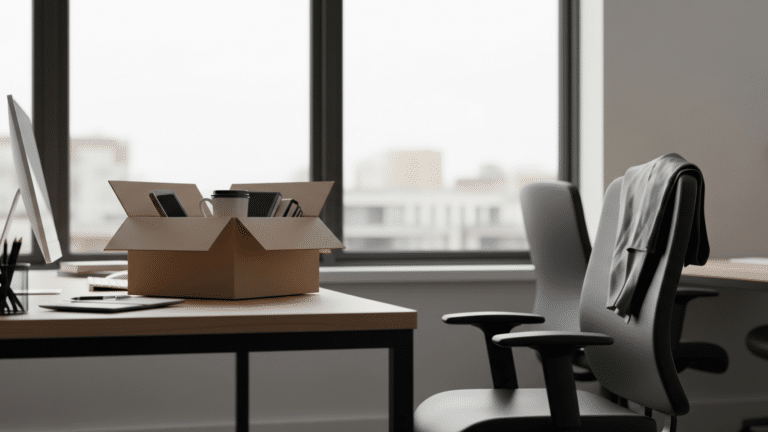 Packed cardboard box on empty office desk illustrating employee turnover, worker packs