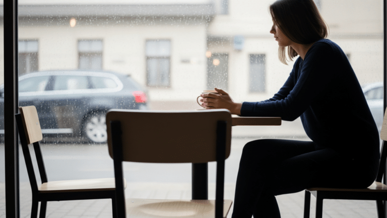 Empty café chair across from a solitary coffee cup illustrating the dating recession