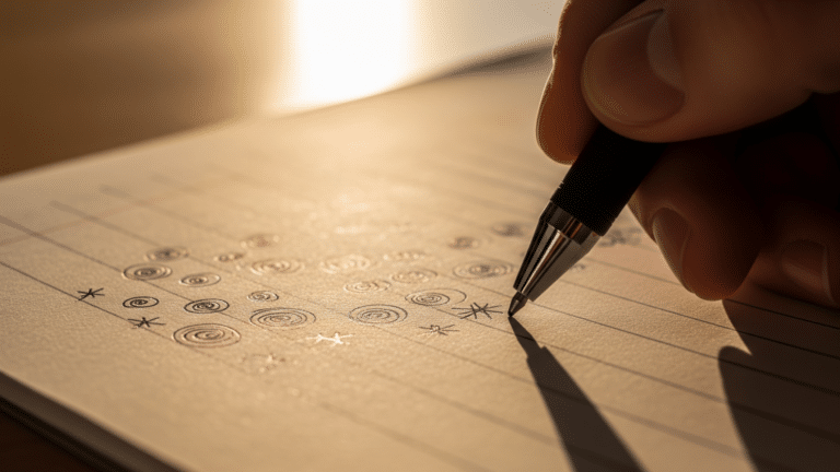 close-up hand doodling shapes in notepad margin during meeting, your next