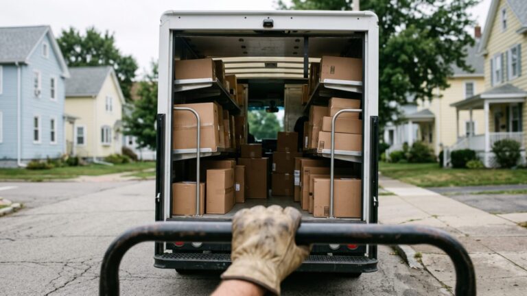 Interior cargo shelving of an electric delivery van at a curbside stop
