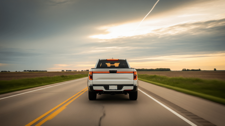 White electric pickup truck on open road during 1,000 miles EV world record drive