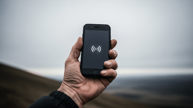 iPhone held toward overcast sky showing iPhone satellite messaging connection, 1 5
