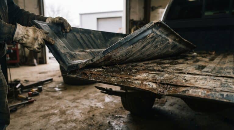 Drop-in bed liner lifted to reveal hidden rust on pickup truck bed floor, 250 plastic