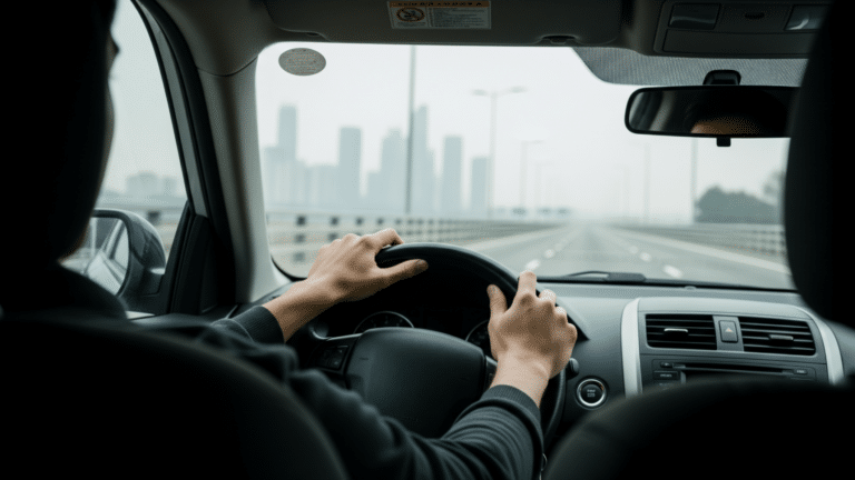 Driver's hands on steering wheel during morning commute liminal space, 27 minute