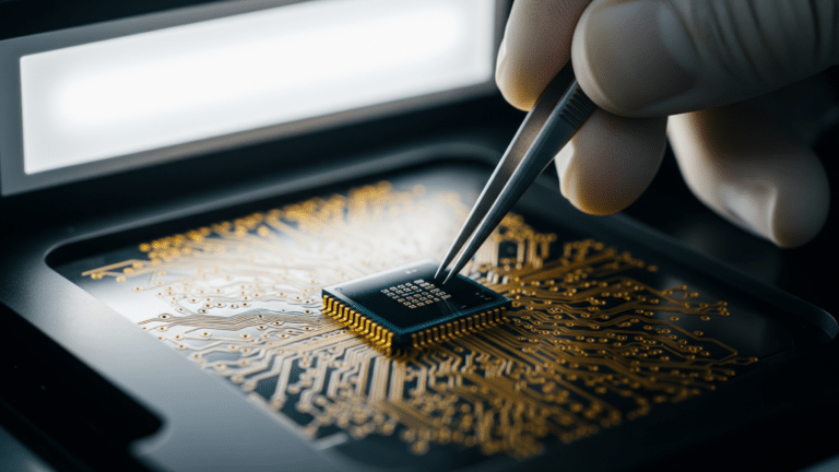 Close macro of a 2nm smartphone chip on a circuit board