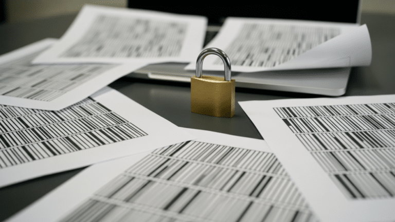 open padlock on a laptop keyboard among redacted breach notice printouts, breach notices